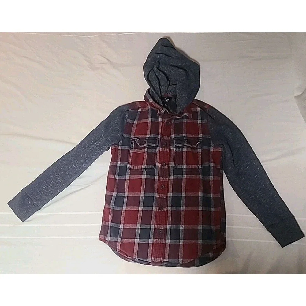 Hollister California Red & Blue Plaid Flannel Button Up Hoodie Mens Sz small